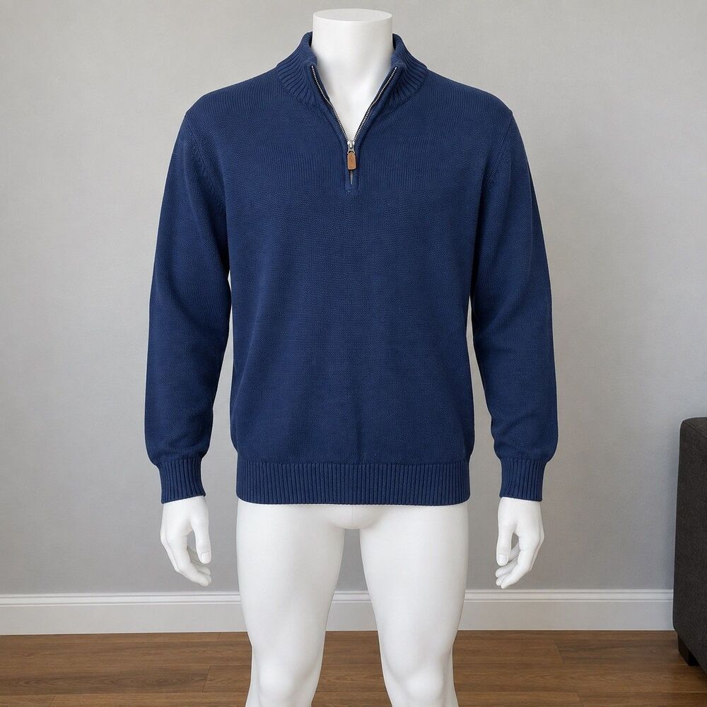 St Johns Bay Mens Quarter Zip Sweater Large Navy Blue Cotton Preppy Old Money